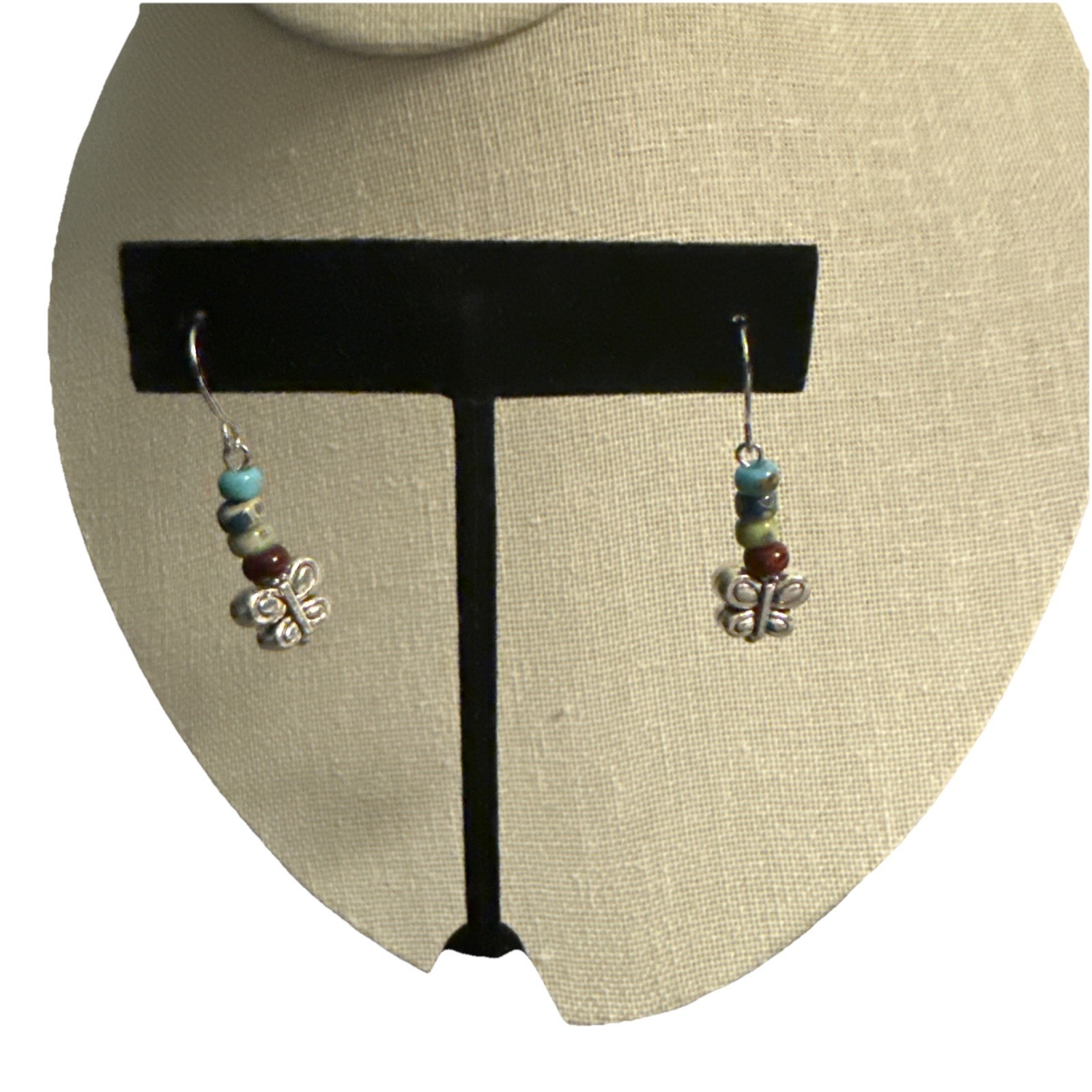 Butterfly Charm Beaded Earrings Pierced Dangle Purple Green E2-12
